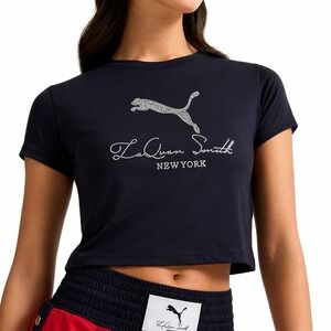 PUMA x Laquan Smith Collab NEW Navy Blue Rhinestone Cropped Baby Tee Top SZ XL